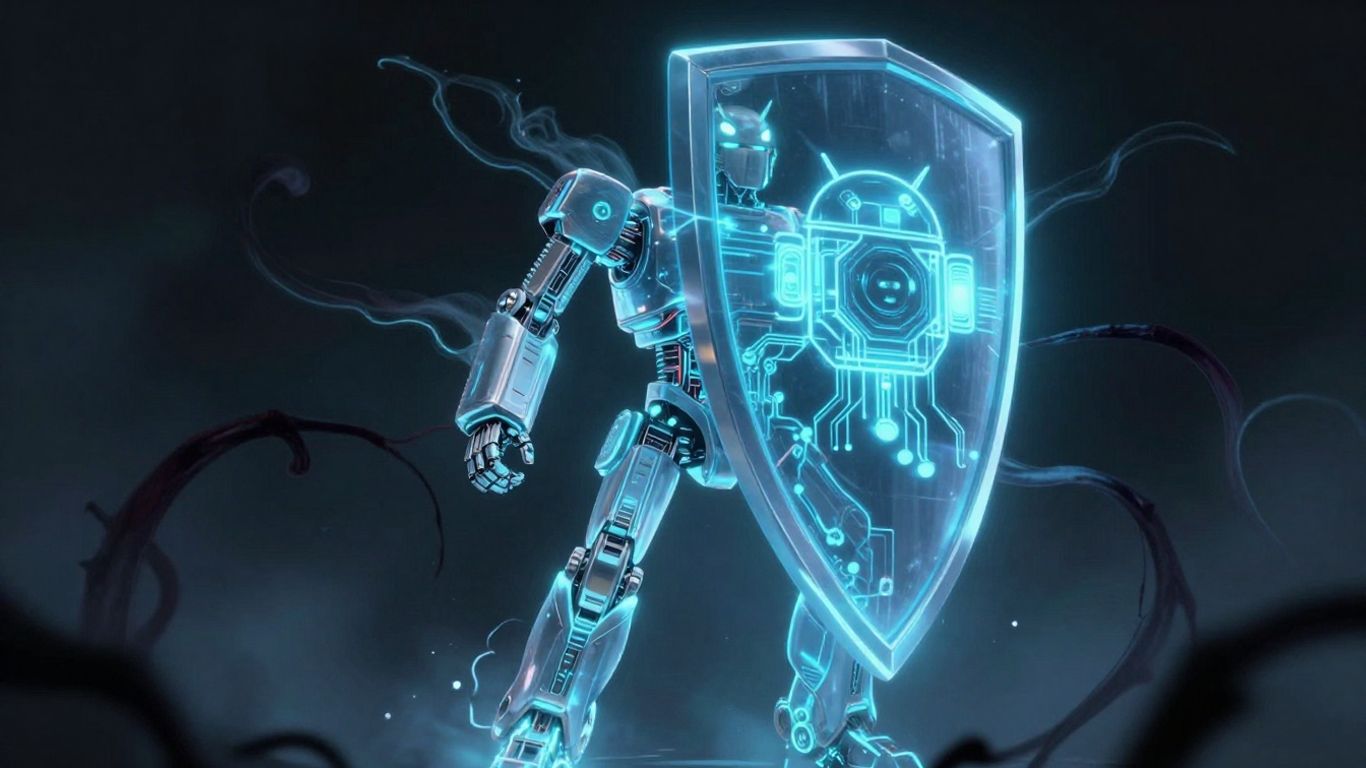 Android robot with glowing digital shield protecting against spyware.