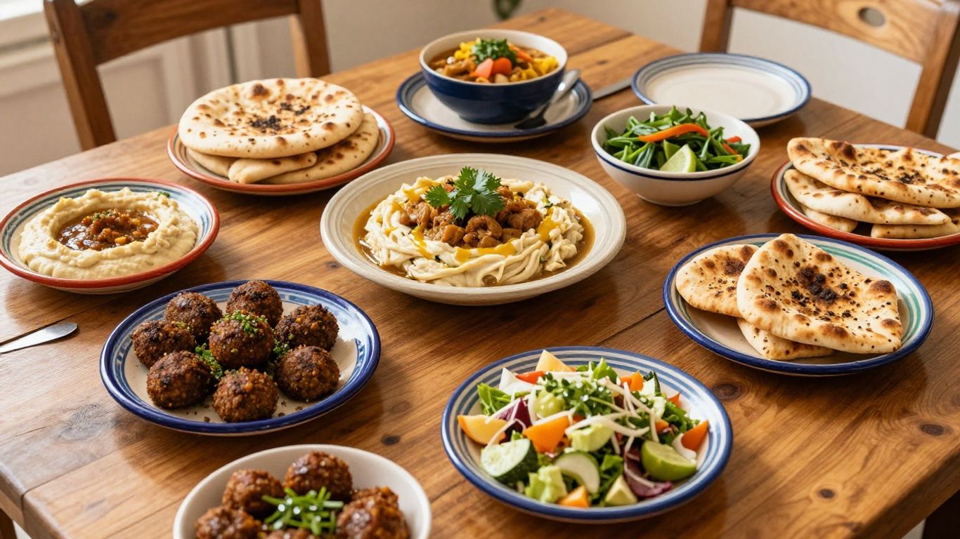 Traditional Jordanian dishes on a rustic dining table