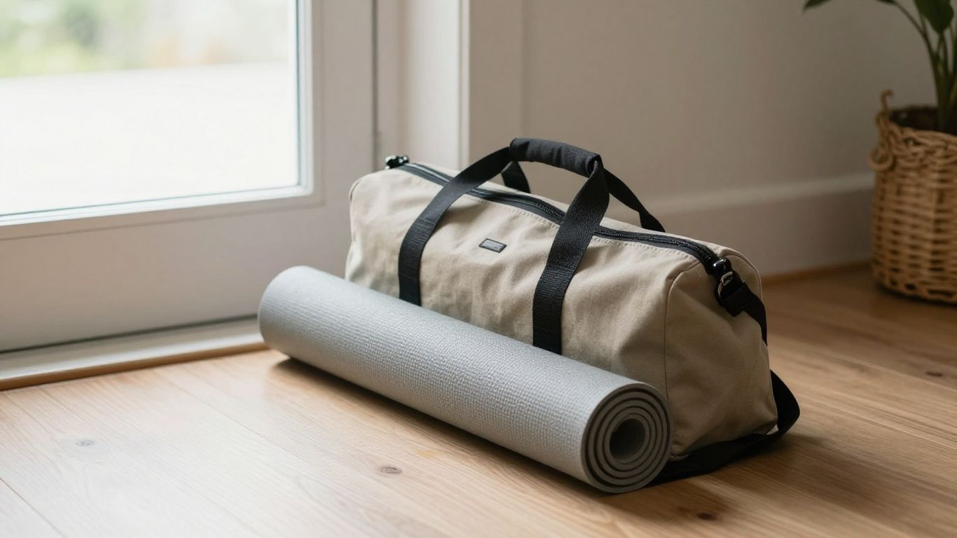 Rolled yoga mat beside a travel bag