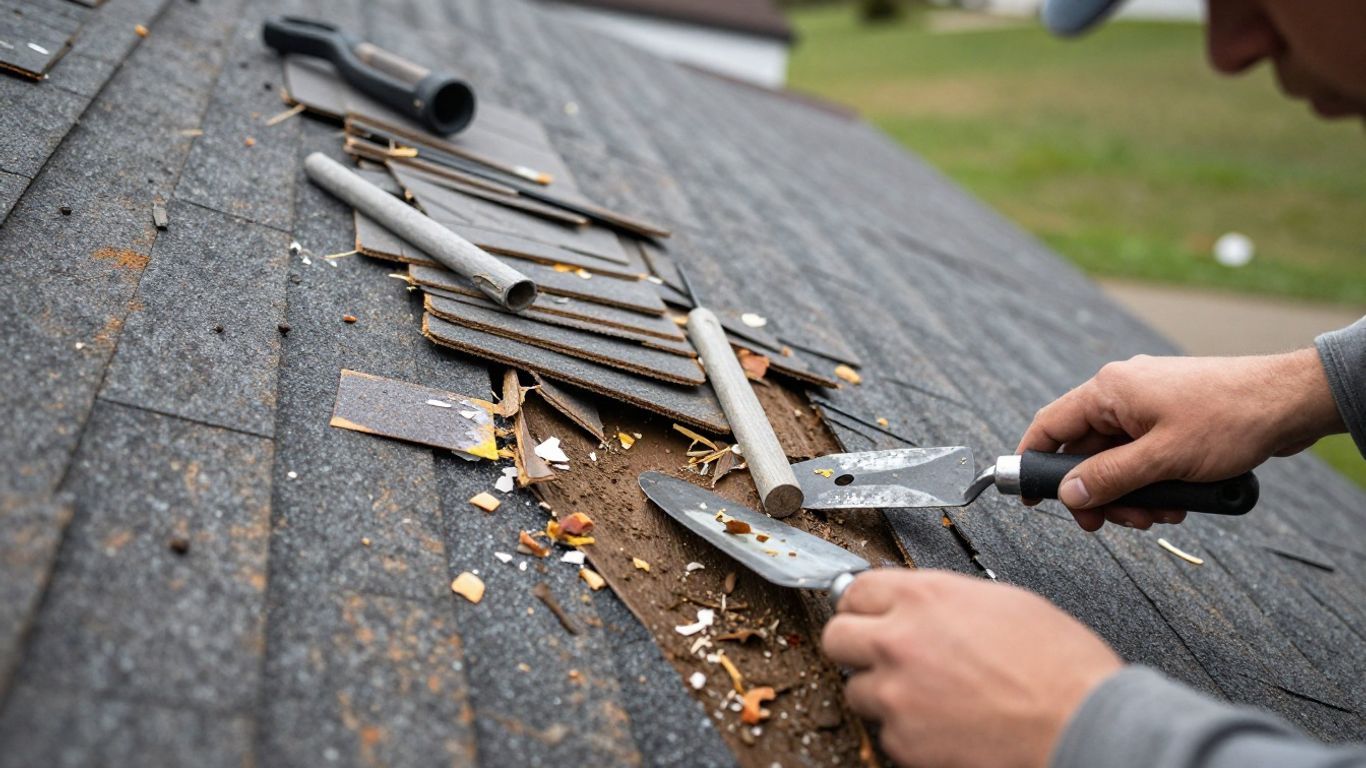 Roof tear-off process with shingles being removed.