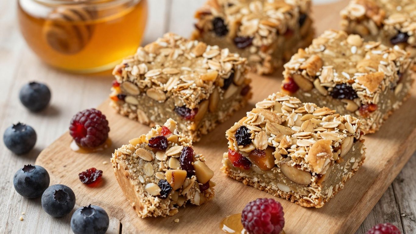 Healthy homemade breakfast bars with oats and fruit.