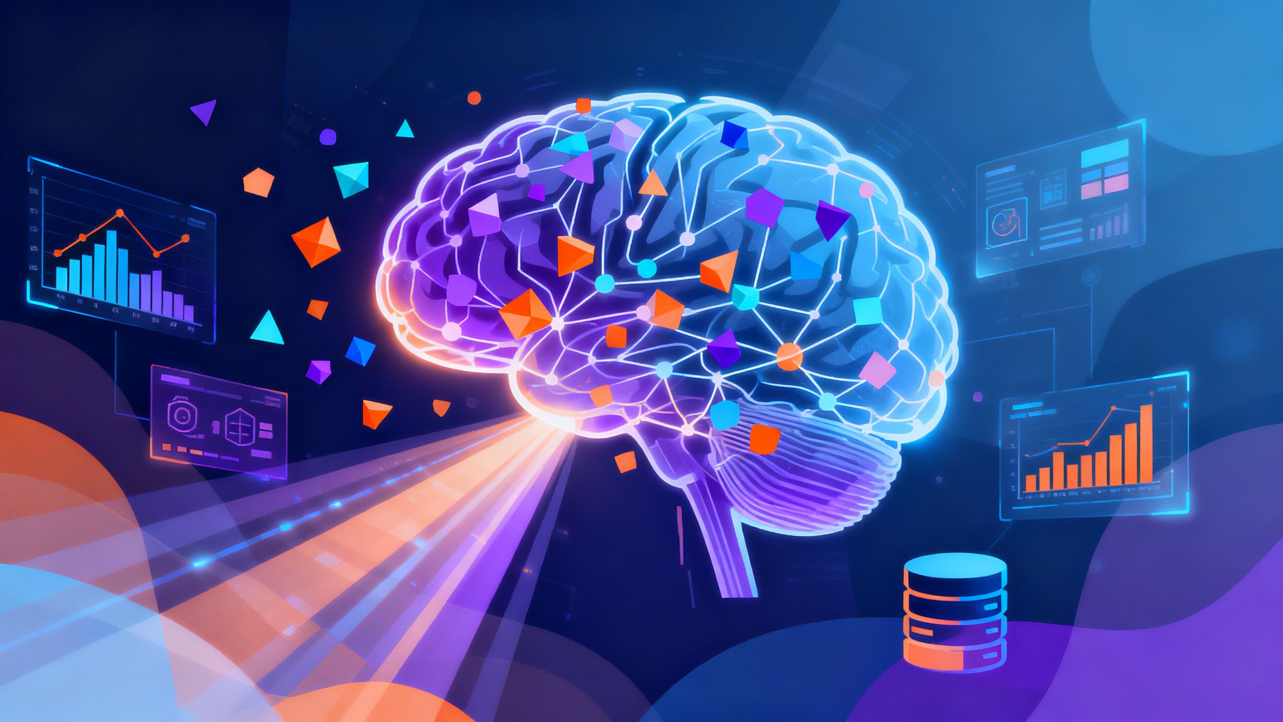 An abstract illustration of an AI brain processing data points and generating insights for a business using lead software.