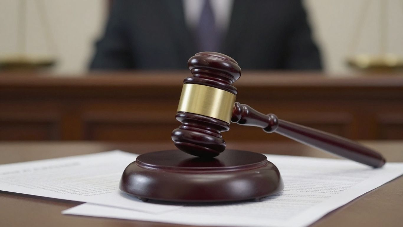 Gavel striking legal documents in courtroom