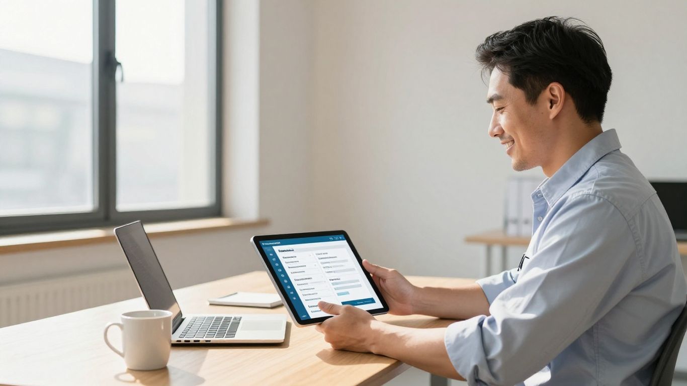 Plumber using CRM software on a tablet in an office.