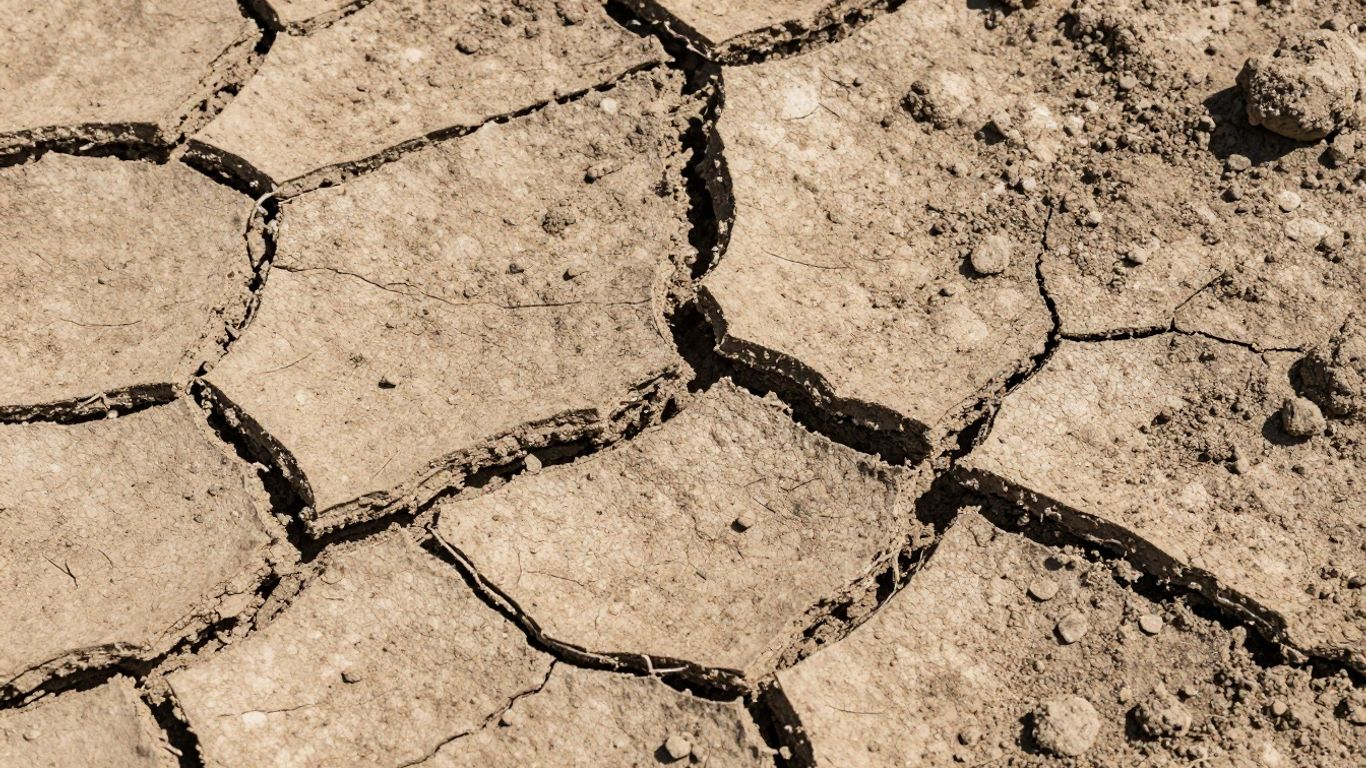 Harte, trockene Erde mit tiefen Rissen im Sonnenlicht.
