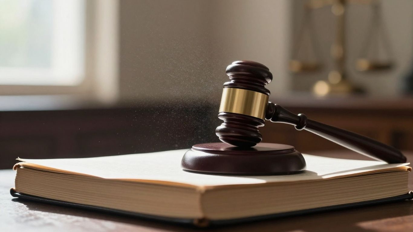 Gavel on legal book with courthouse background.