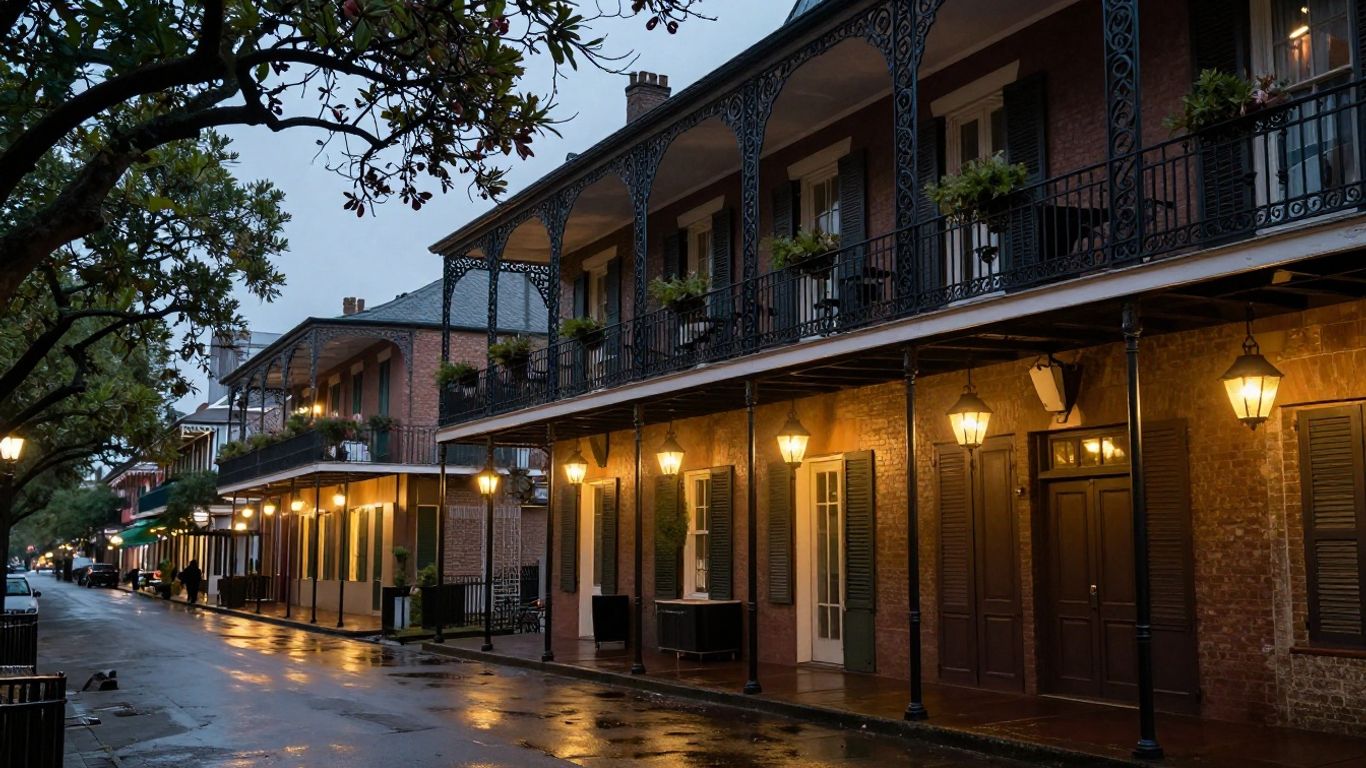 New Orleans balconies glowing above evening streets