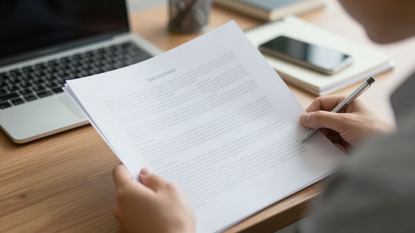 A person reading business documents with a thoughtful look