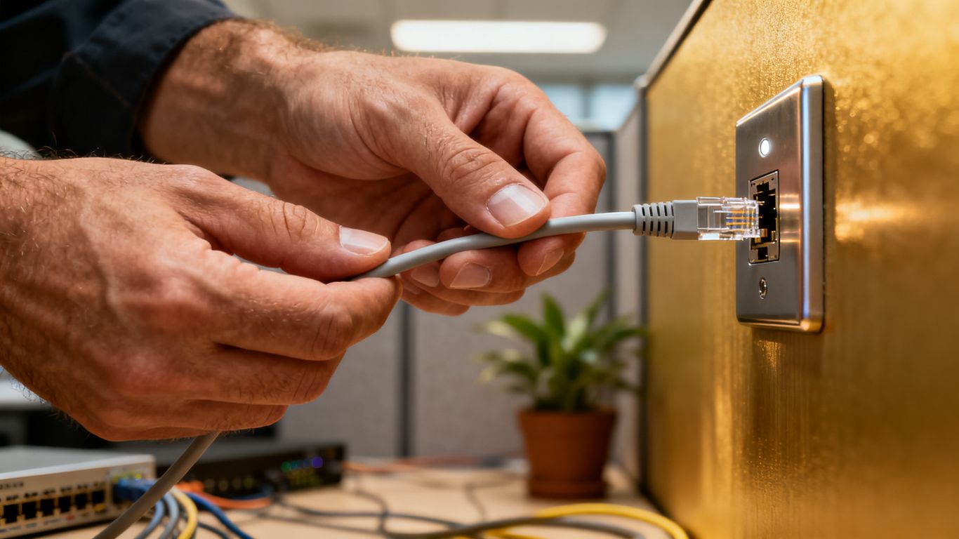 Technician connecting an Ethernet cable to a wall port.