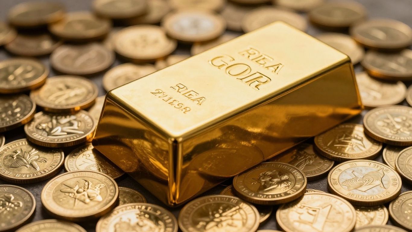 闪亮的金条和金币。