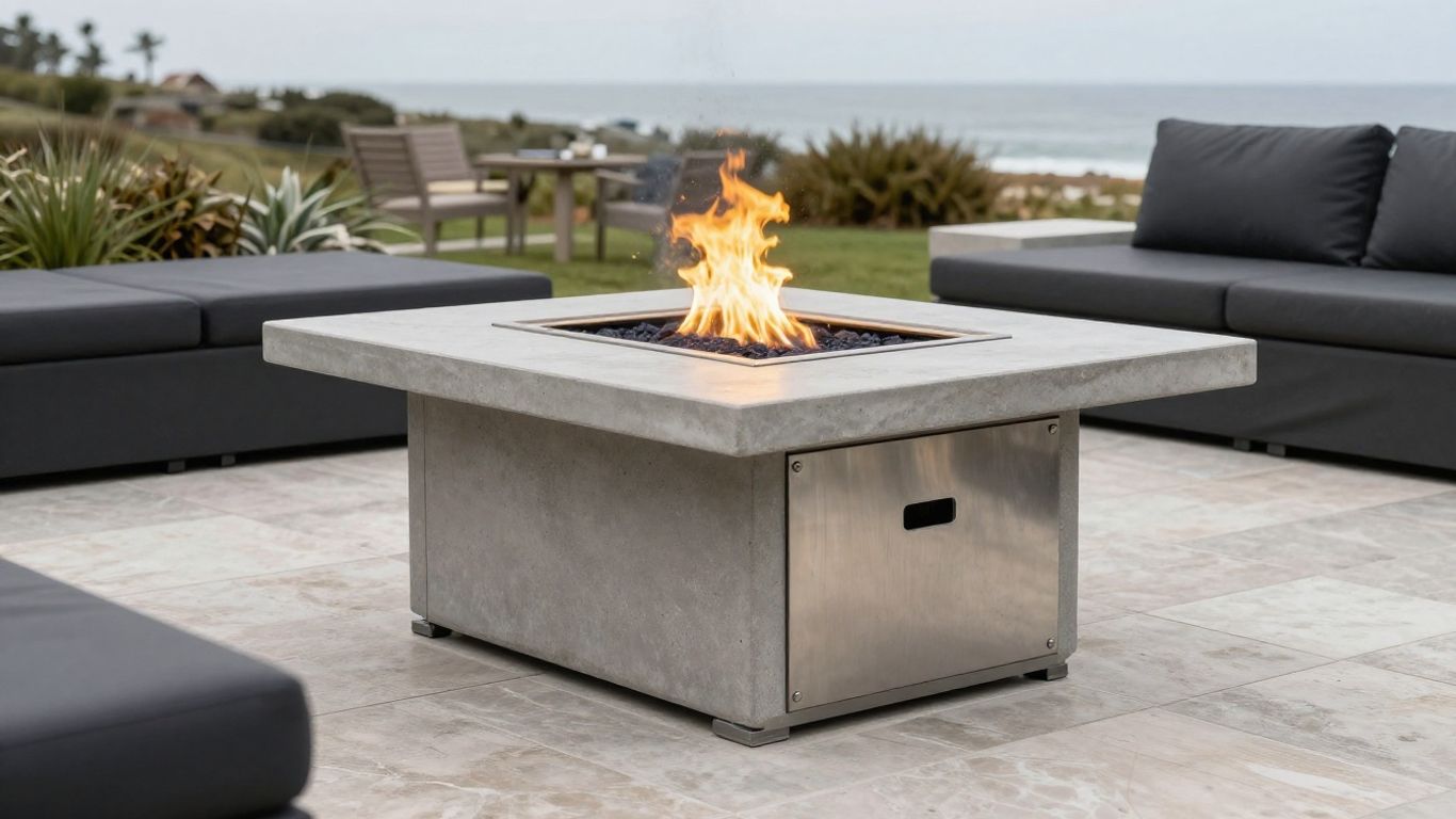 Modern fire pit table in a weather-ready patio