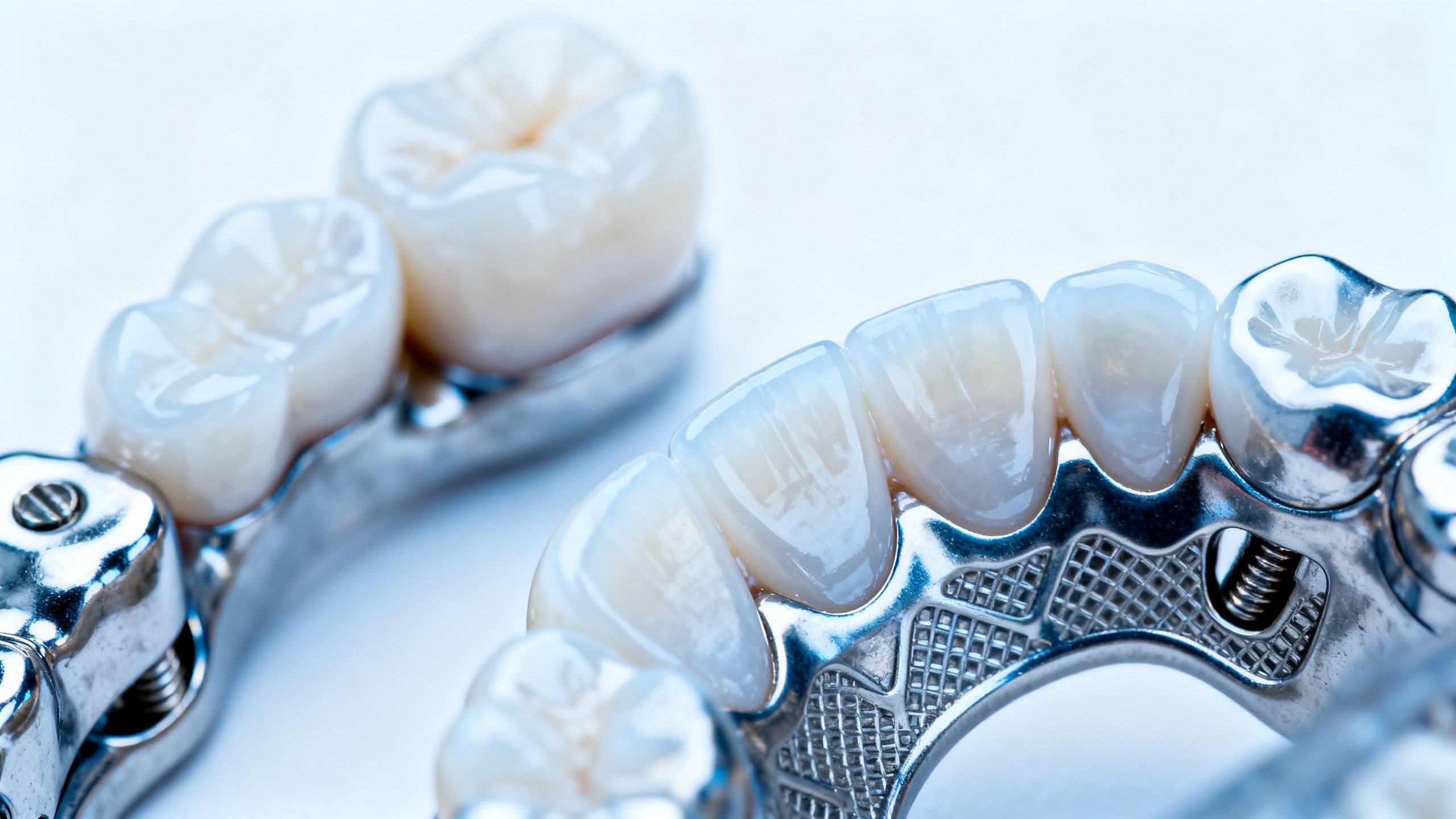 Close-up of dental crowns and bridges with metal framework.