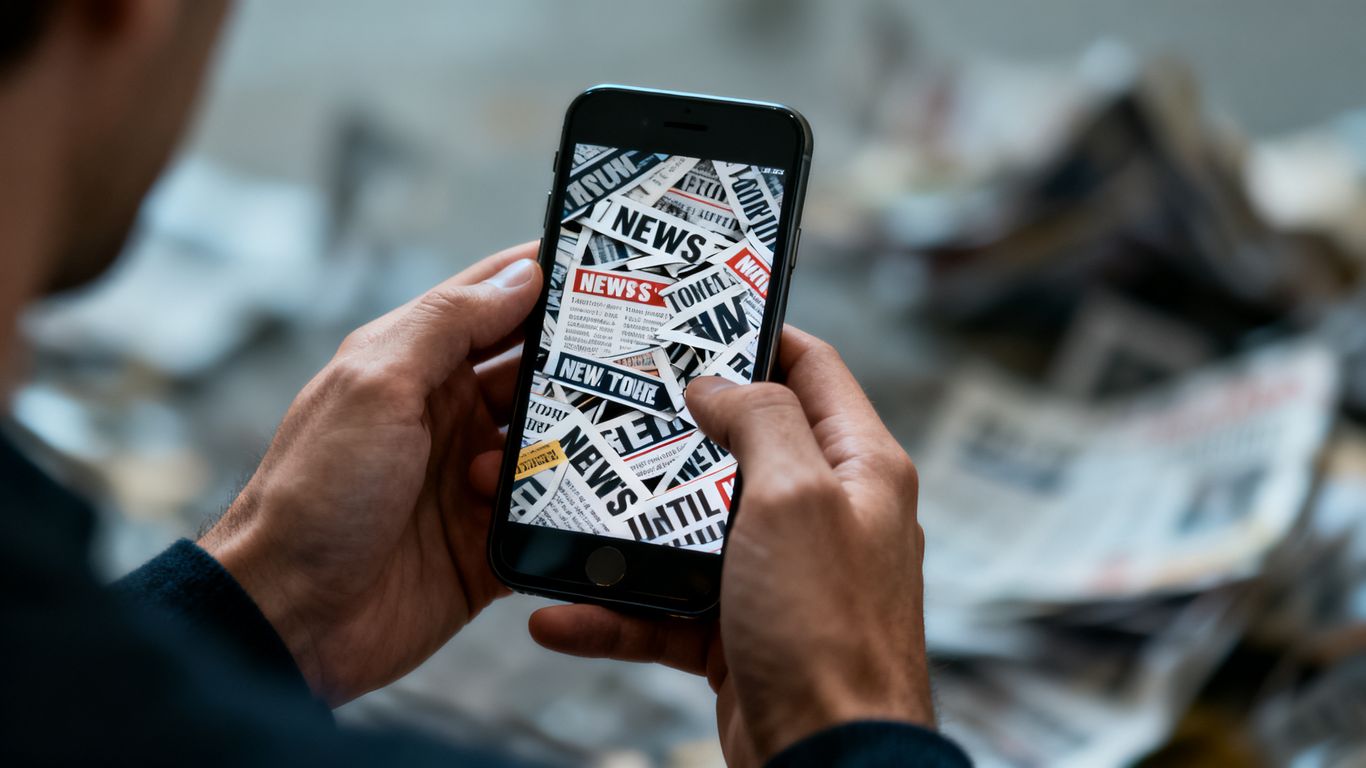 Person holding phone with distorted news headlines.