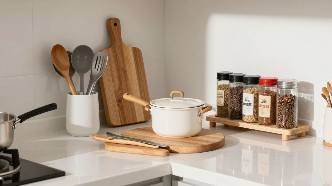 Utensilios de cocina esenciales en una encimera moderna y limpia.