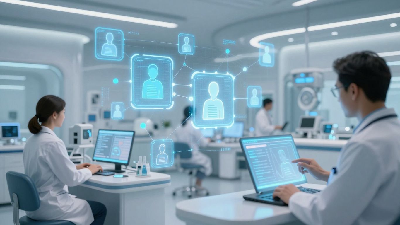 Blockchain technology securing patient health records in a futuristic hospital.