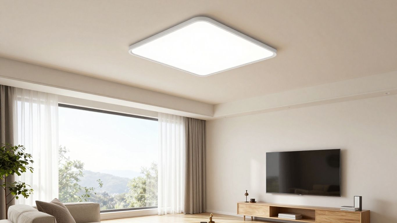 Modern living room with flush-mount light fixture.