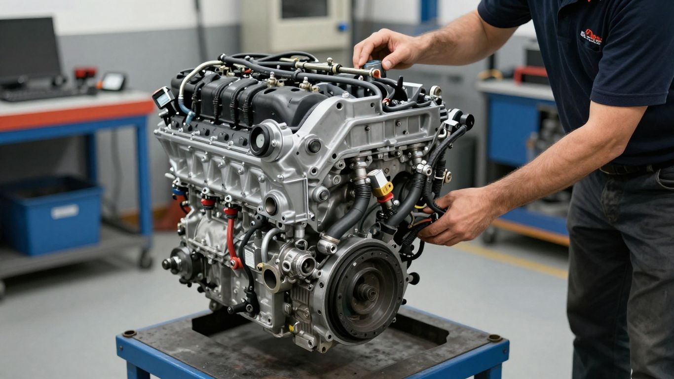 Mechanic checking replacement engine components