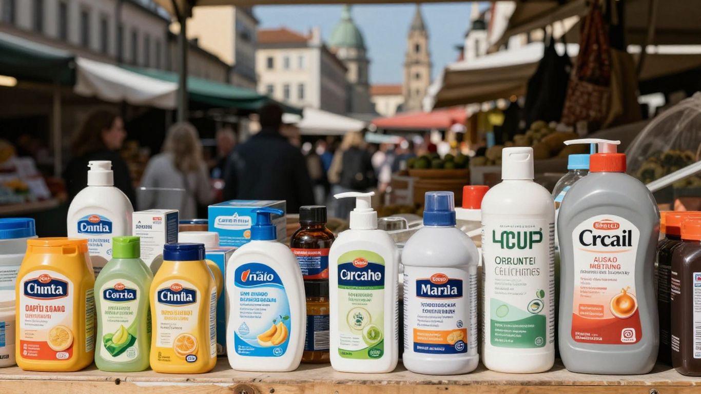 Products on shelves with a European cityscape background.