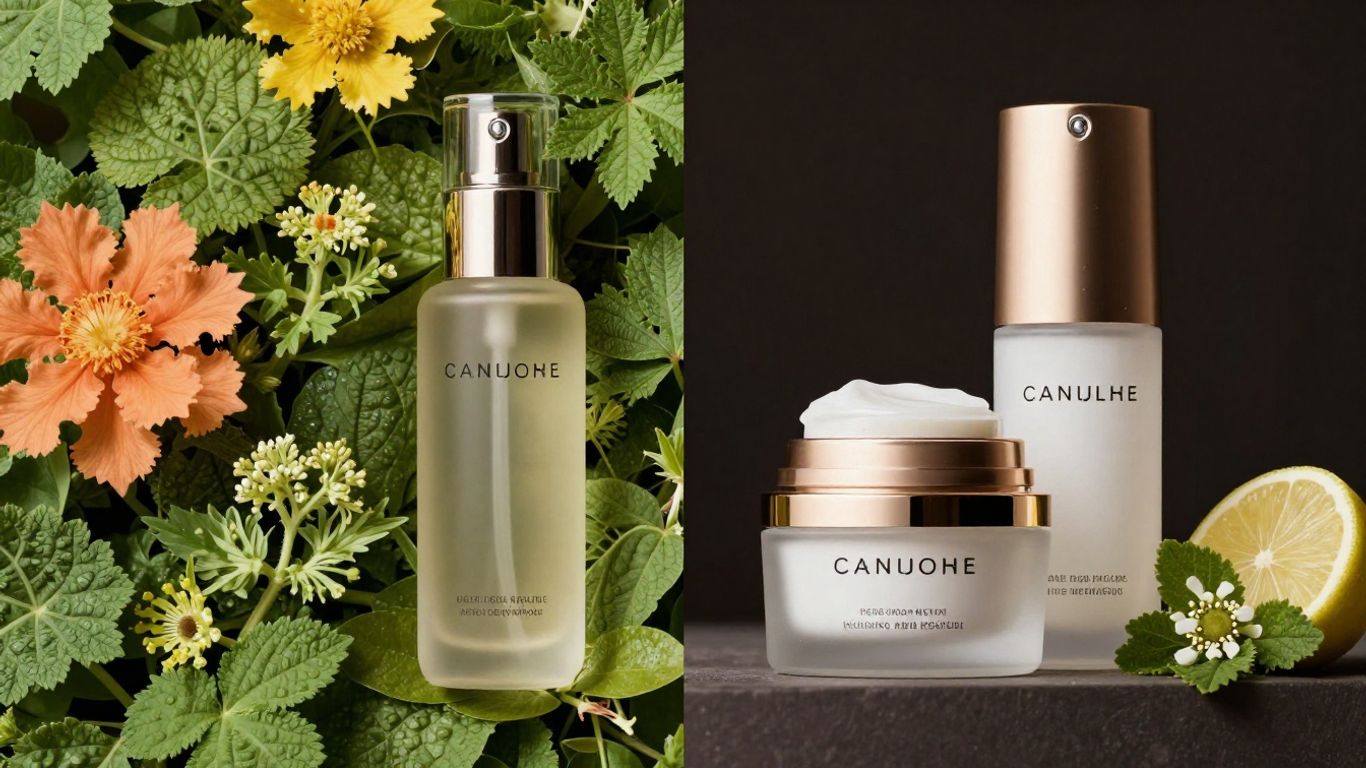 Natural botanicals versus modern skincare bottles.