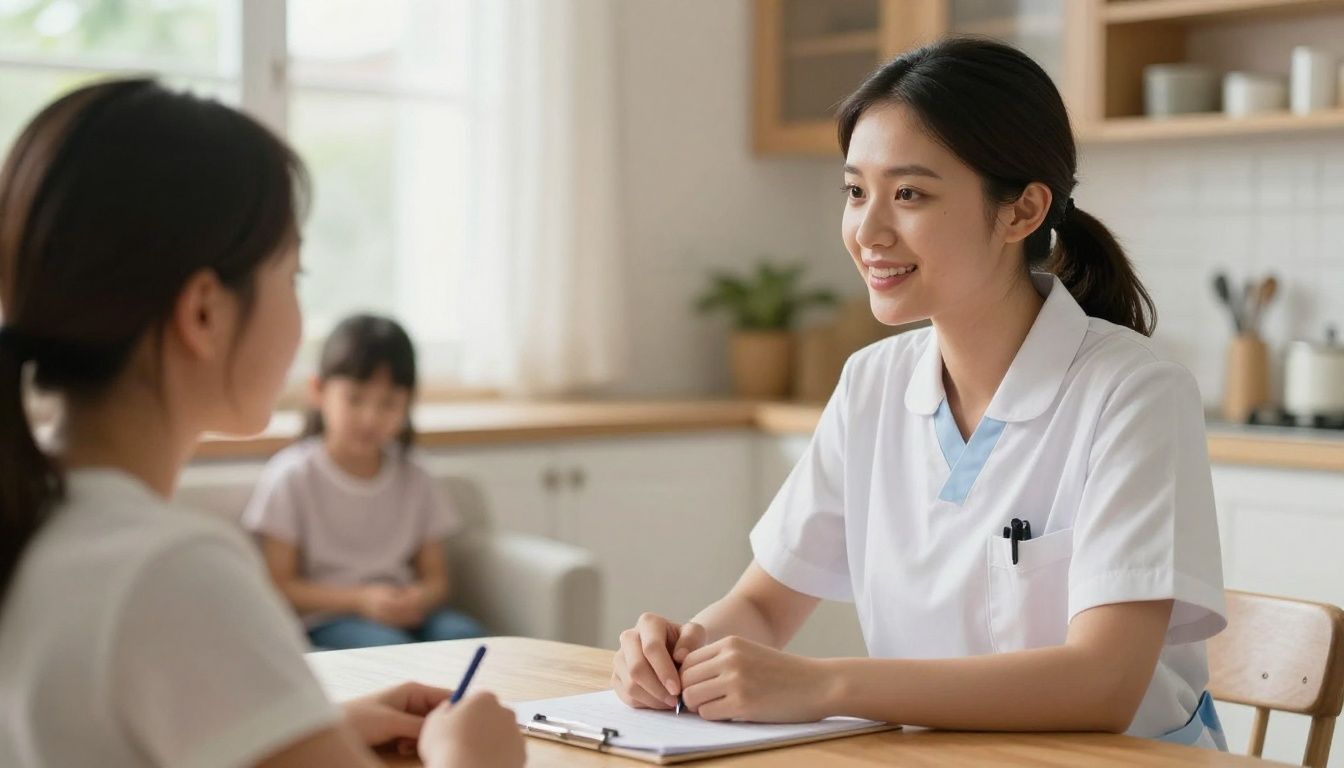 A new, young female nurse with a warm and confident expression sits at a kitchen table, talking with the mother of a medically complex child who is partially visible in the background of a cozy, sunlit home.