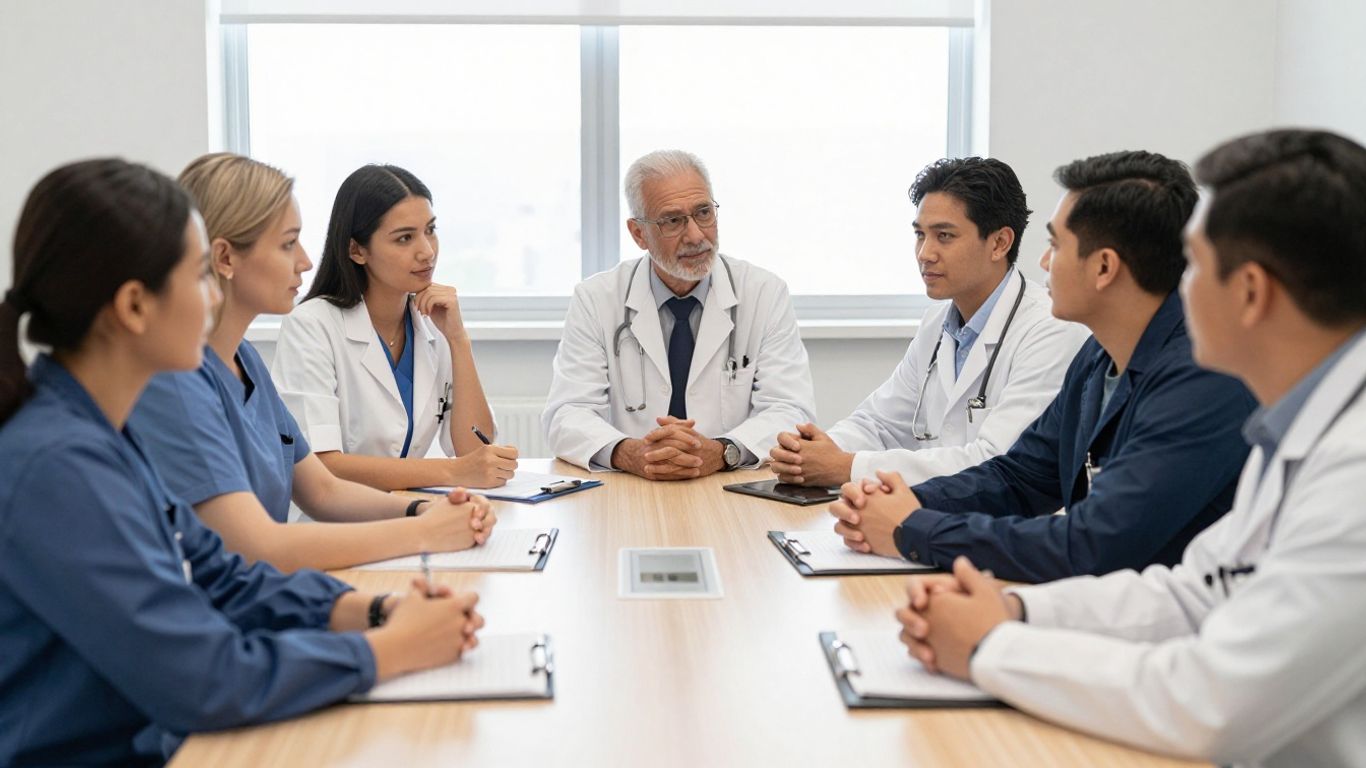 Healthcare team collaborating in a meeting room.