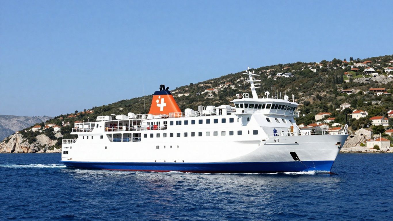 Ferry sailing across the blue Adriatic Sea towards Croatia.