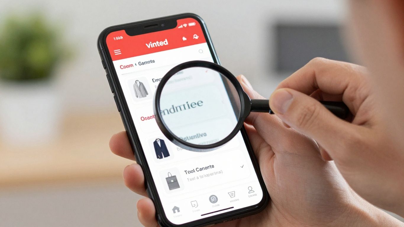 Vinted app with a magnifying glass over a listing.