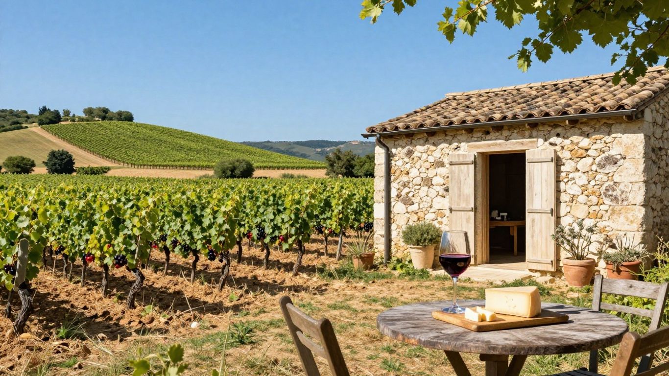 Vineyard landscape with gîte and wine.