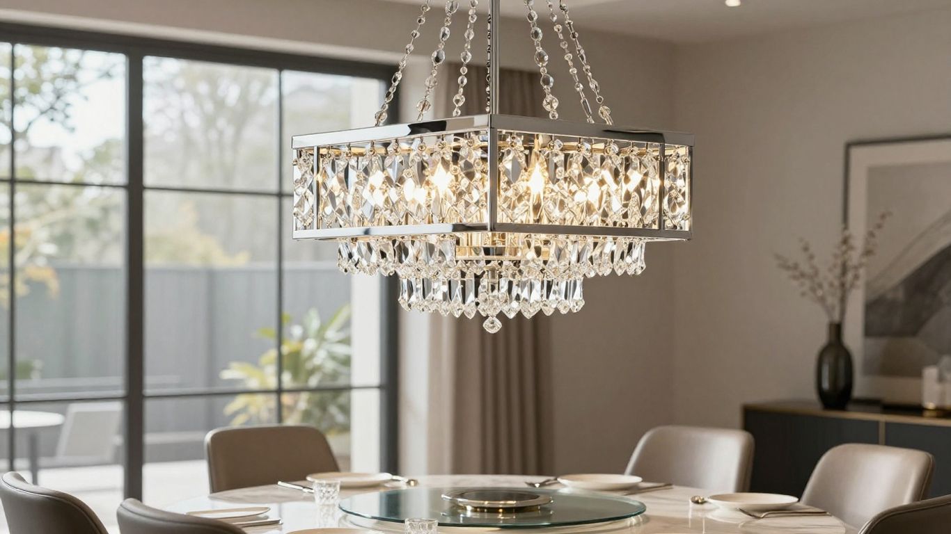 Rectangular chandelier illuminating a modern dining room.