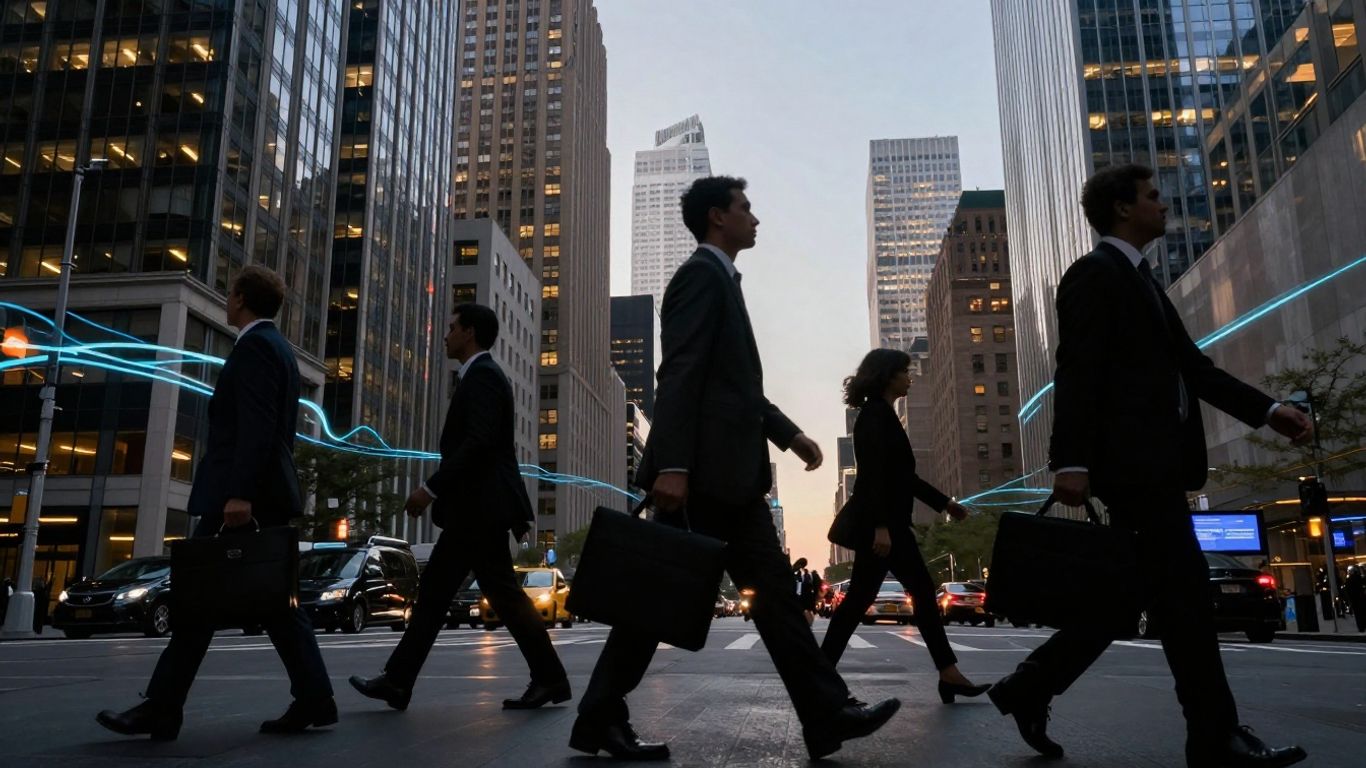 NYC skyline with professionals and digital light trails.