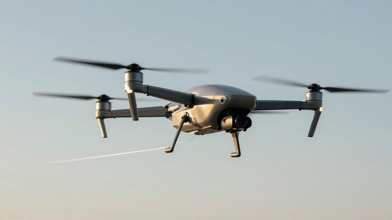 Drone with fiber optic cable flying in the sky.