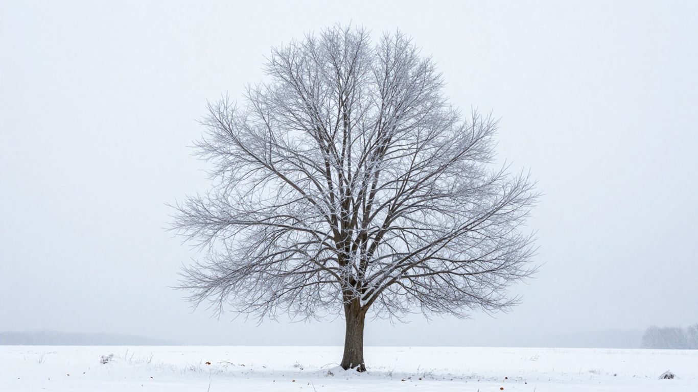Snow-covered tree in a winter landscape.
