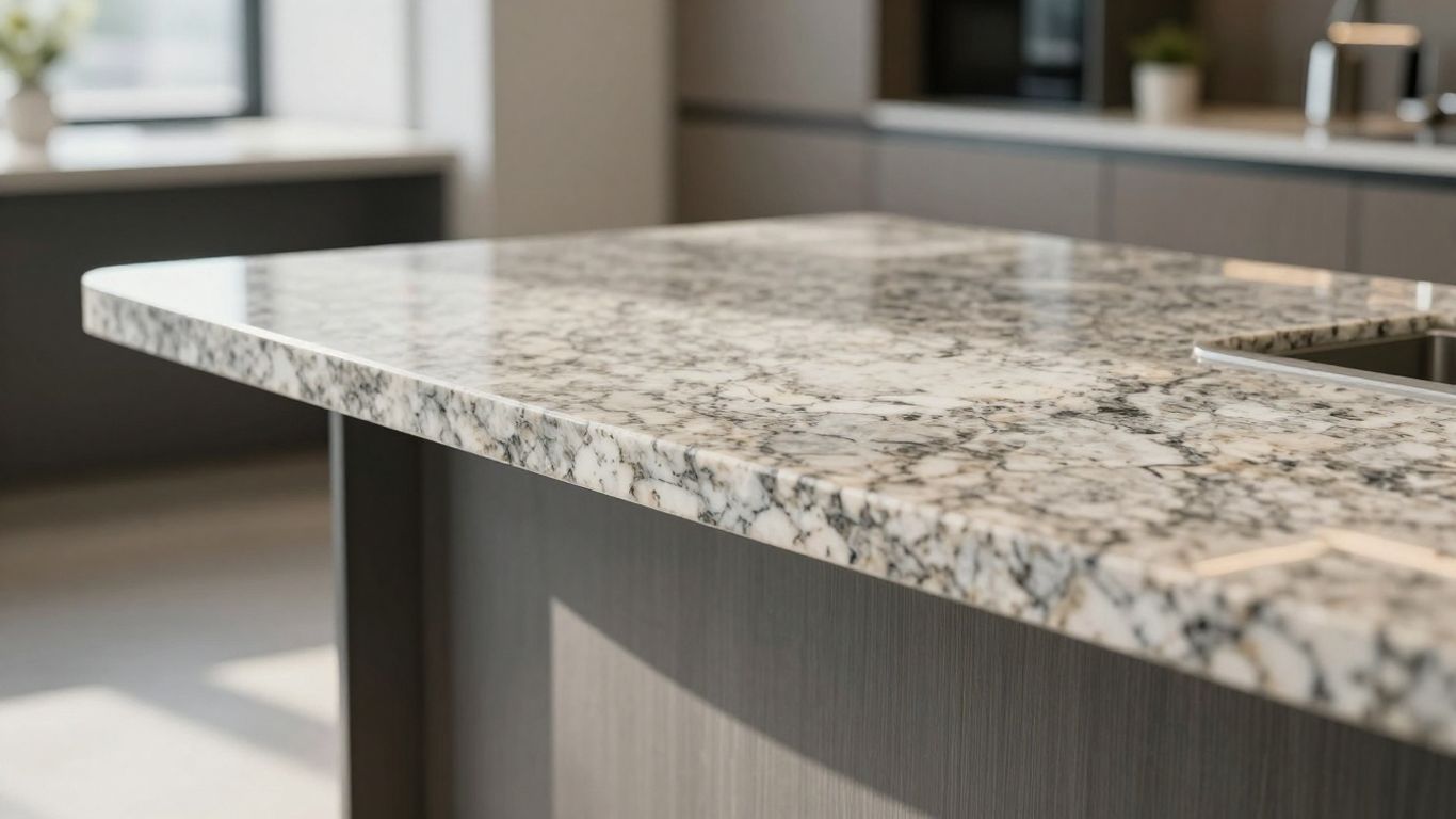 Modern granite countertop in a bright showroom.