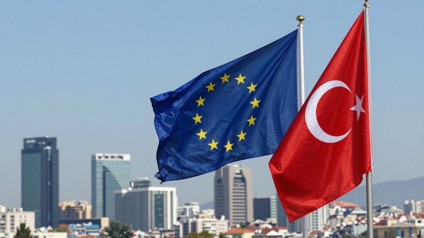 EU and Turkish flags with cityscape background.