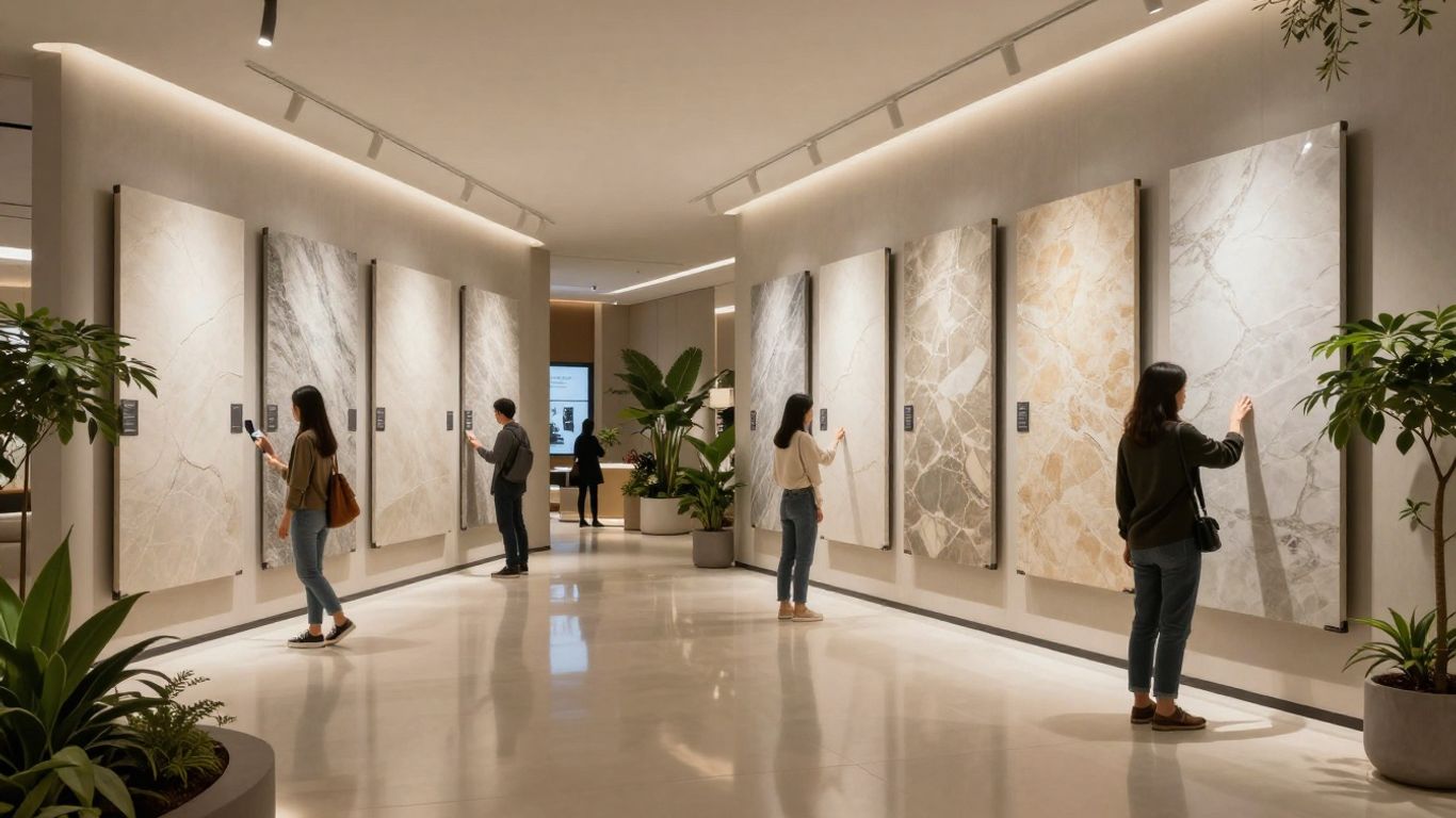 Modern virtual stone slab showroom interior with digital screens