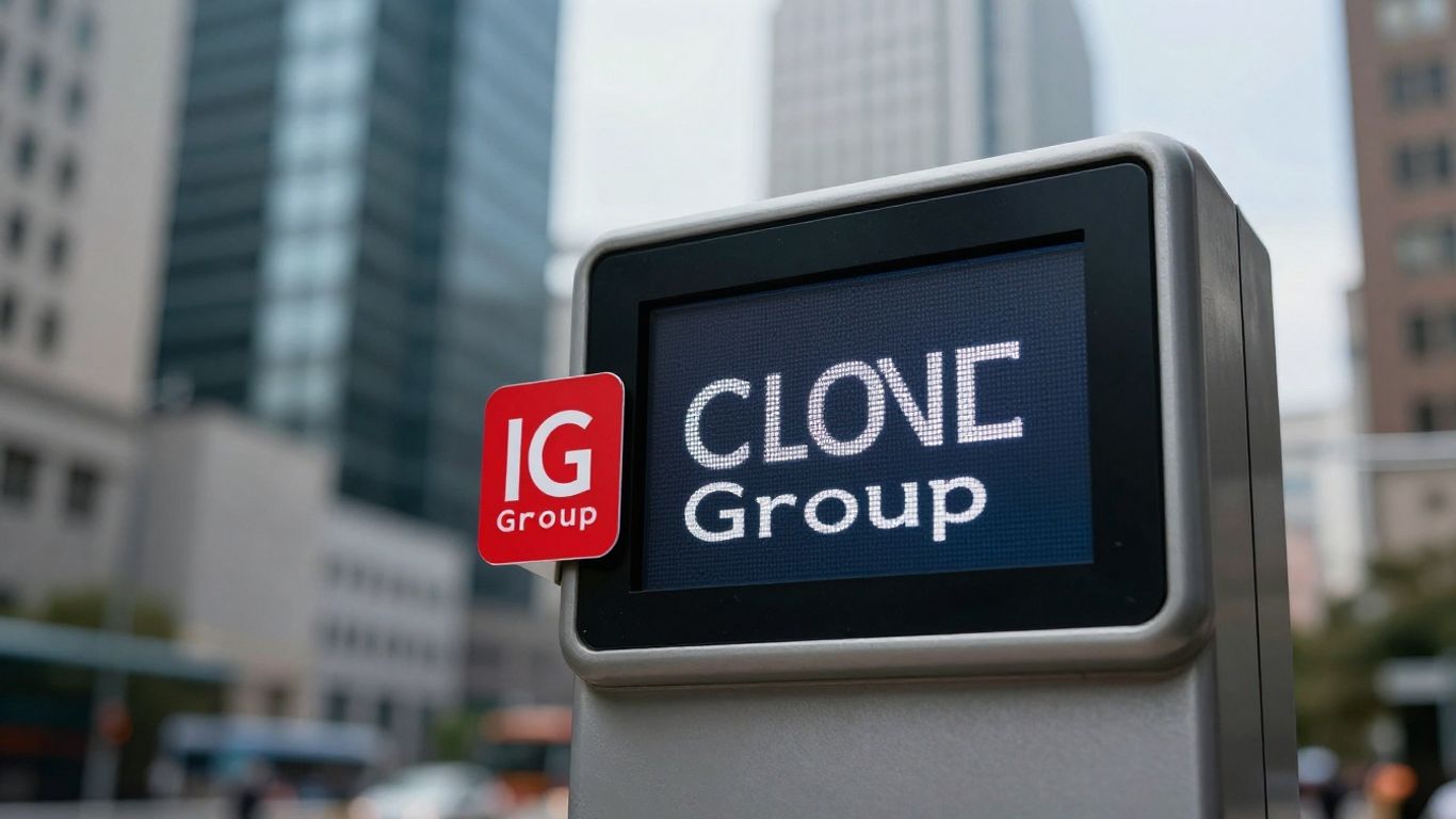 IG Group stock ticker and financial district skyline.
