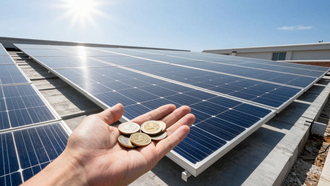 Panneaux solaires sur un toit avec des pièces de monnaie.