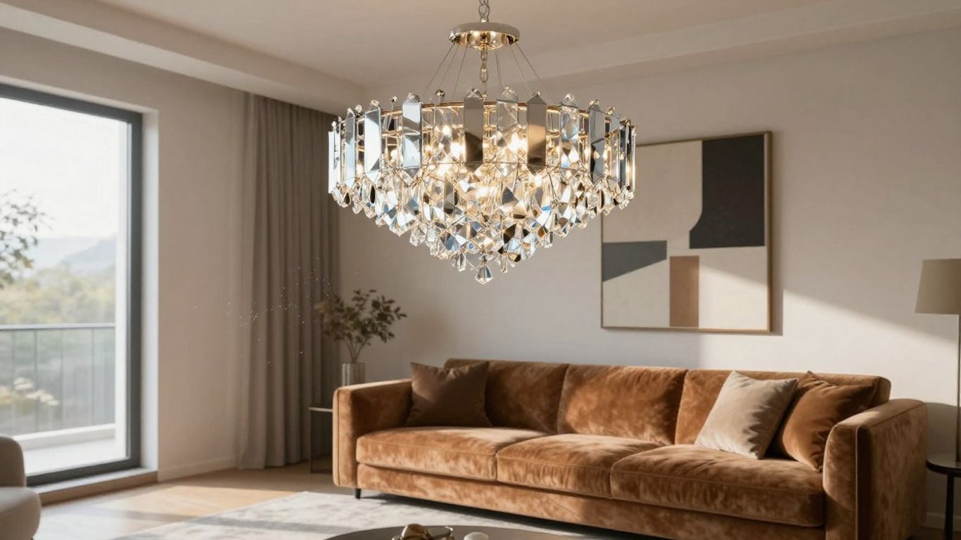 Modern living room with a crystal chandelier.