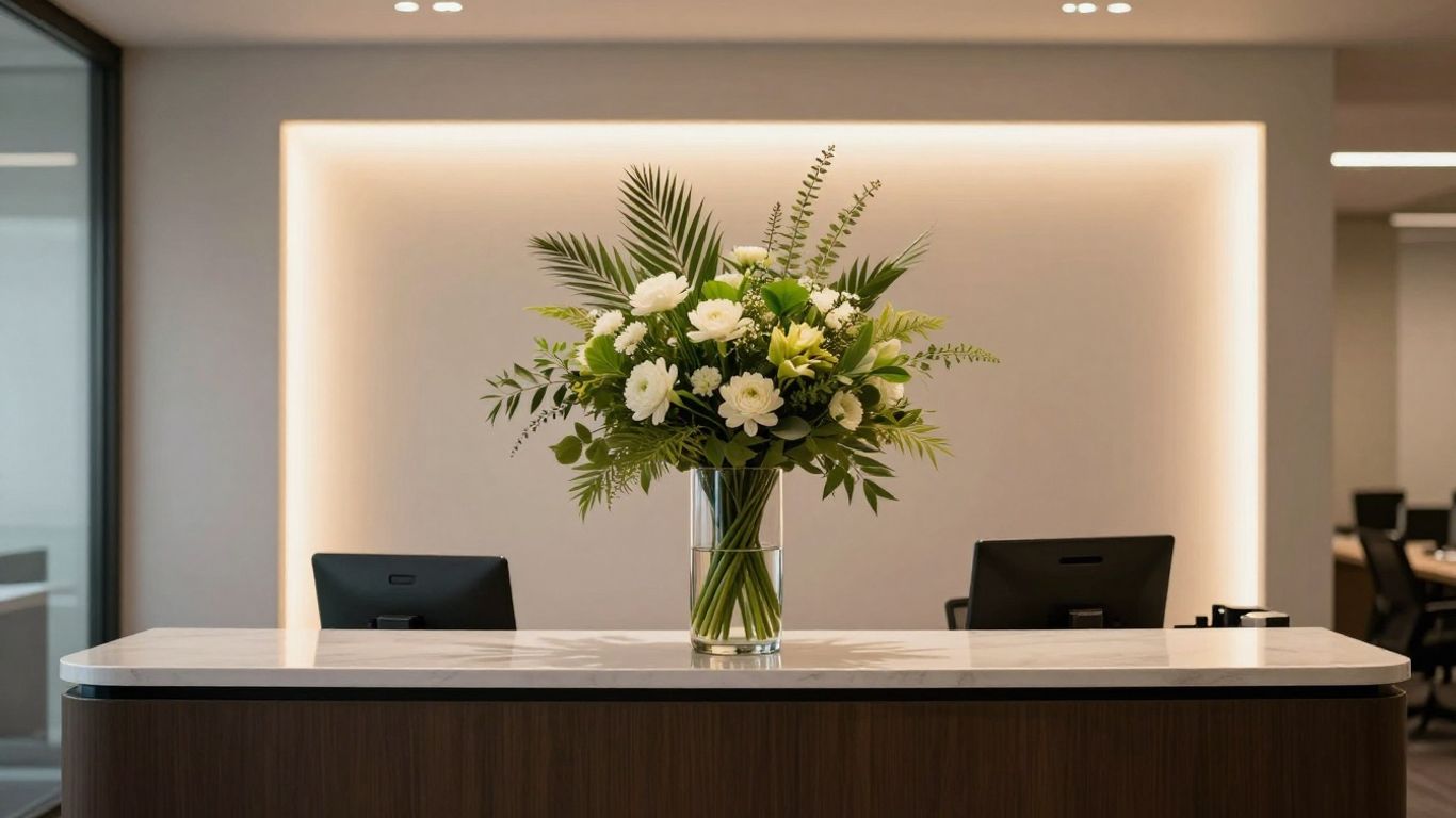 Professional floral arrangements in office