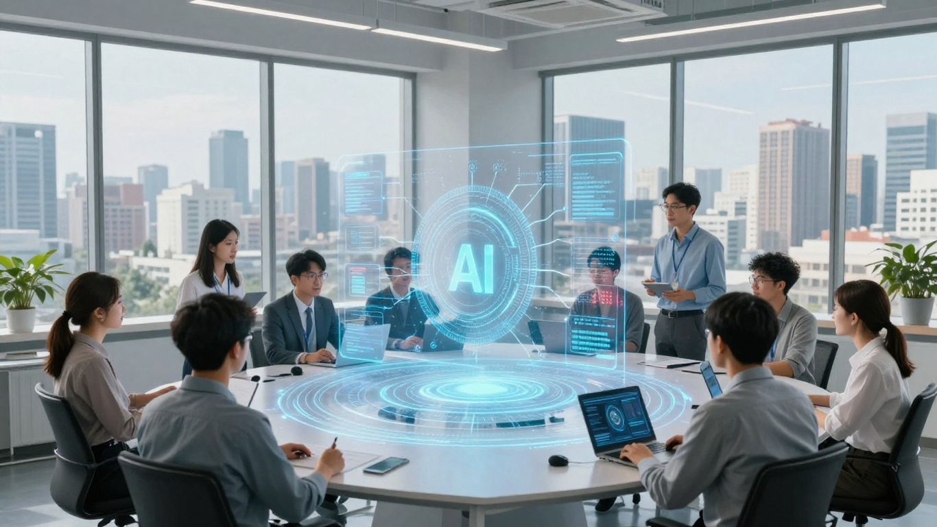 Engineers working on AI with holographic interface.