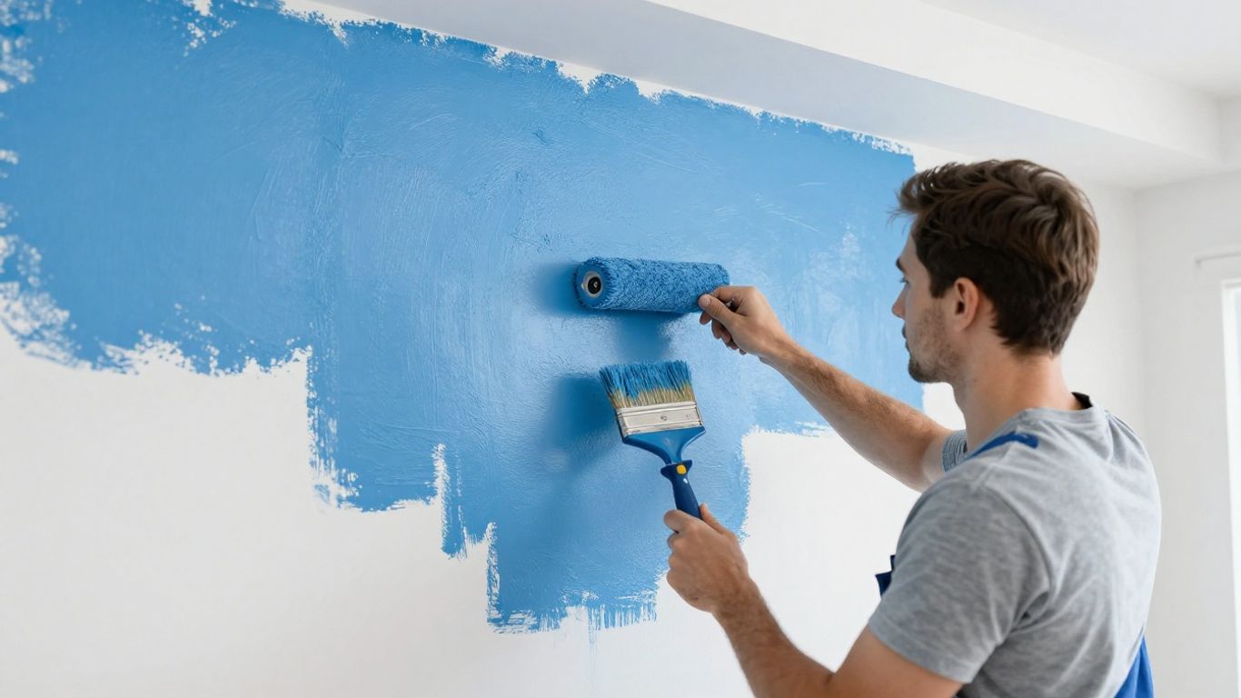 Painter applying blue paint to a house exterior.