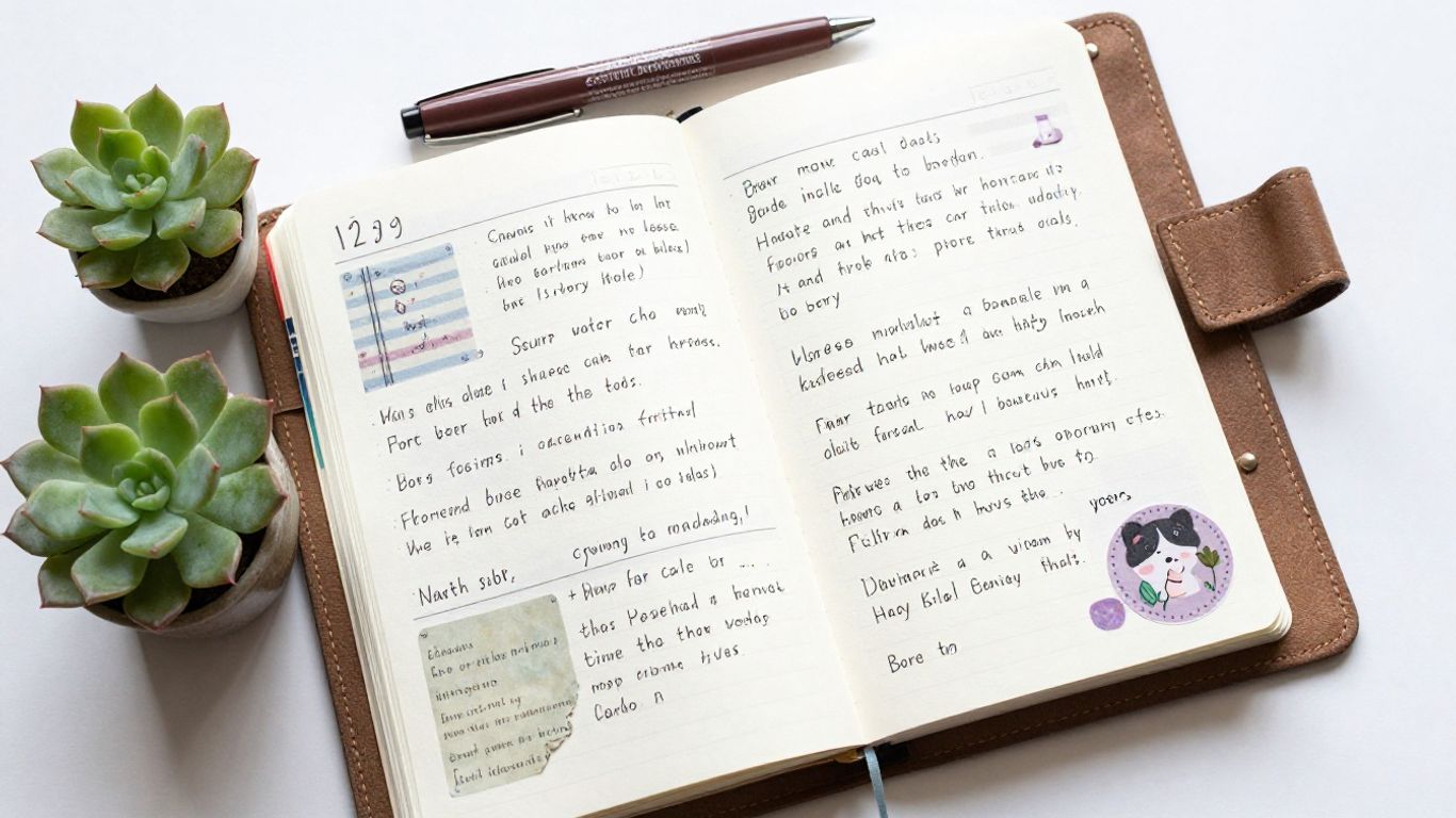 Open paper planner with pens and a succulent.