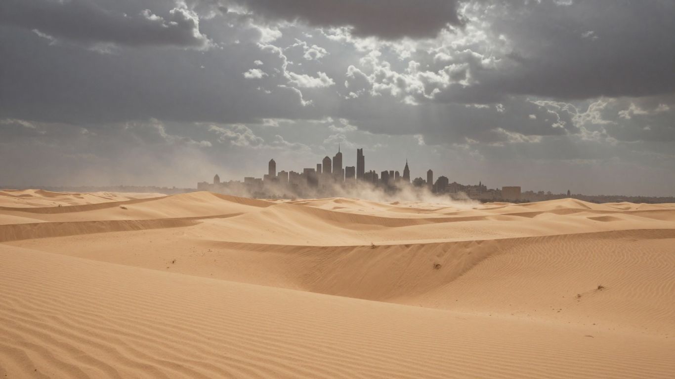 Desert landscape with distant city skyline under dusty sky.