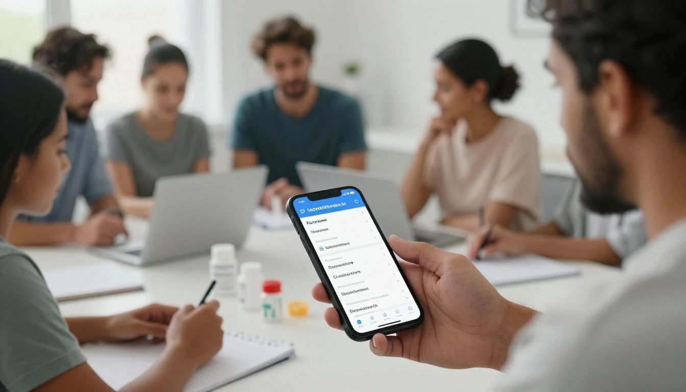 Bright modern health-tech scene with a diverse group of adults organizing medication reminders, supplement containers, lab notes, fitness gear, and recovery data on a smartphone beside a clean desk; realistic photography, natural light, no text or logos