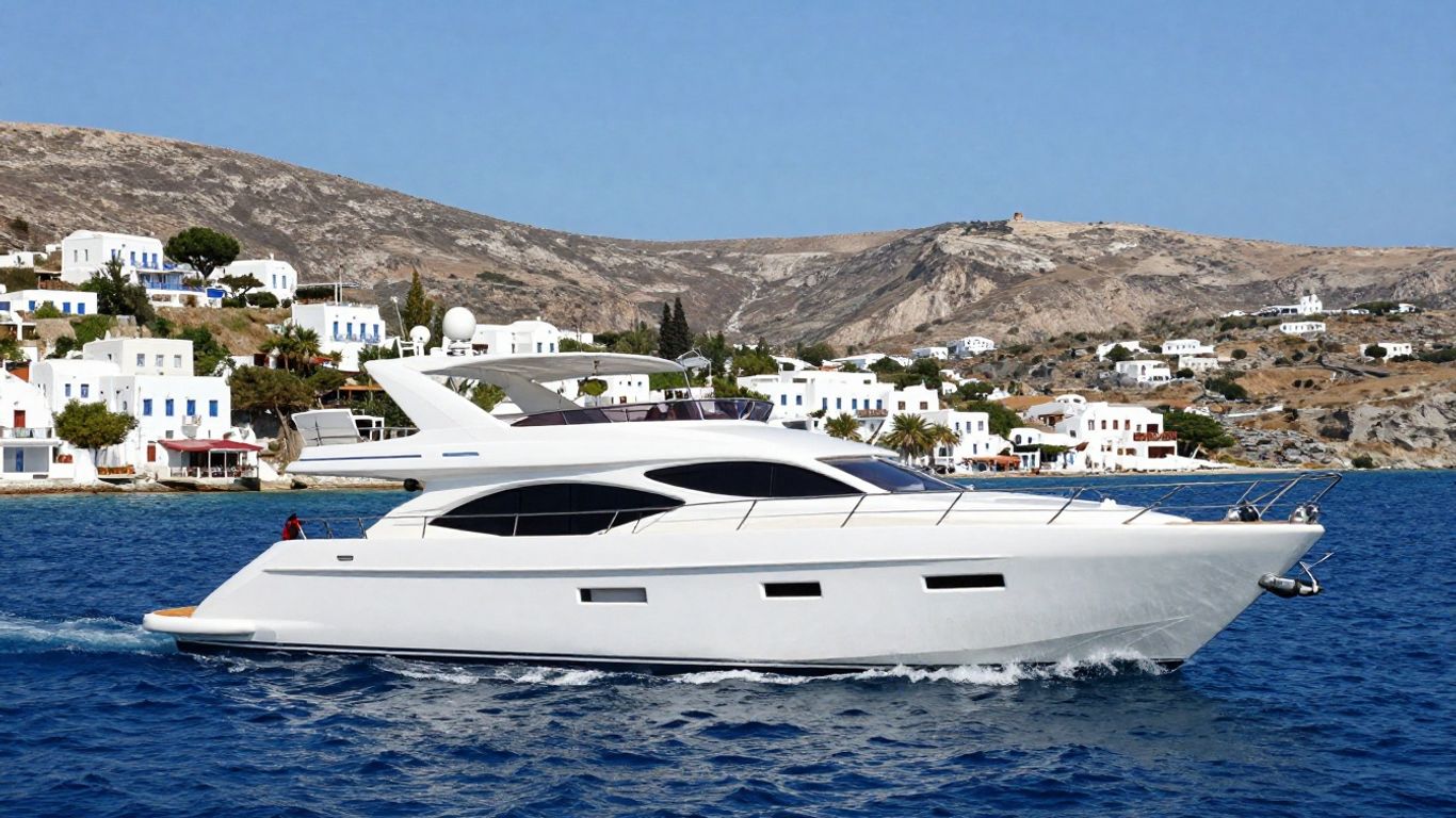 Luxury yacht sailing in the Aegean Sea near Greek islands.
