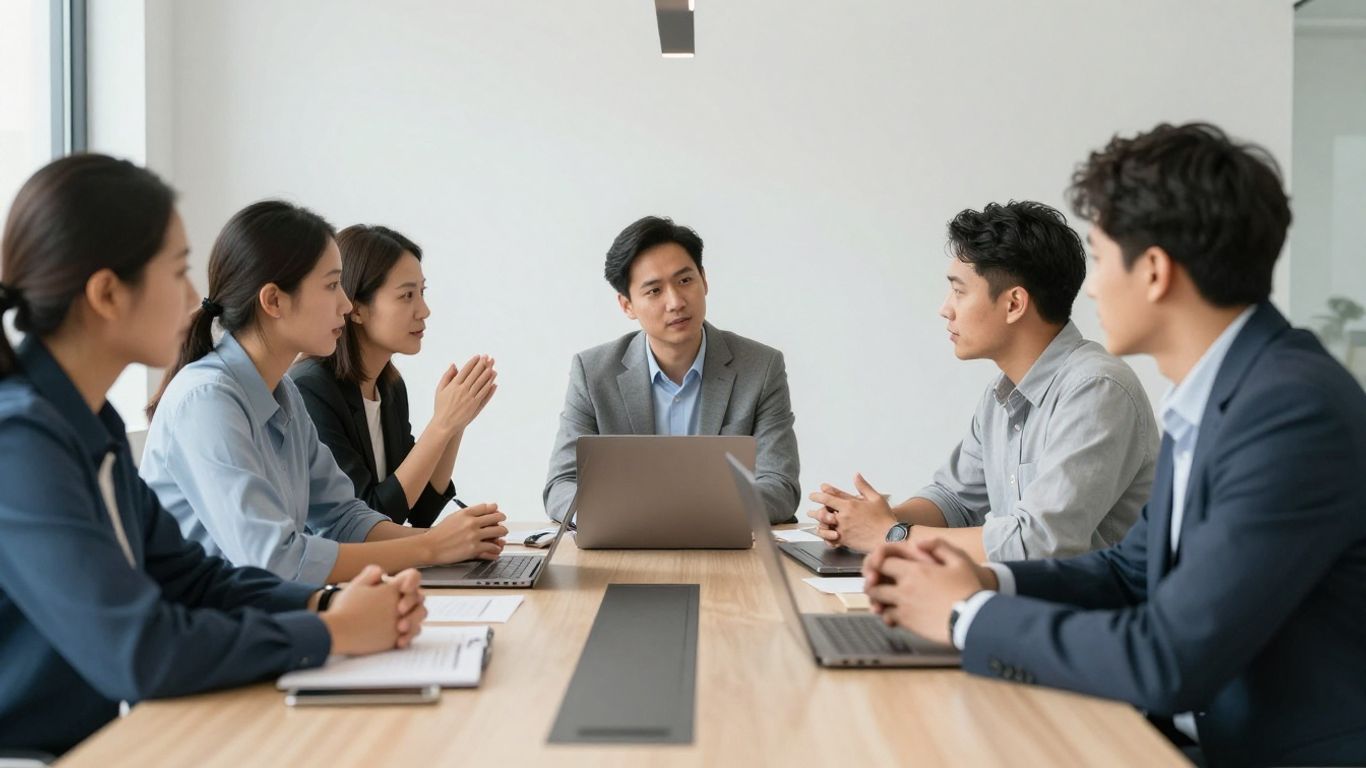 Digital agency team collaborating in a modern office.