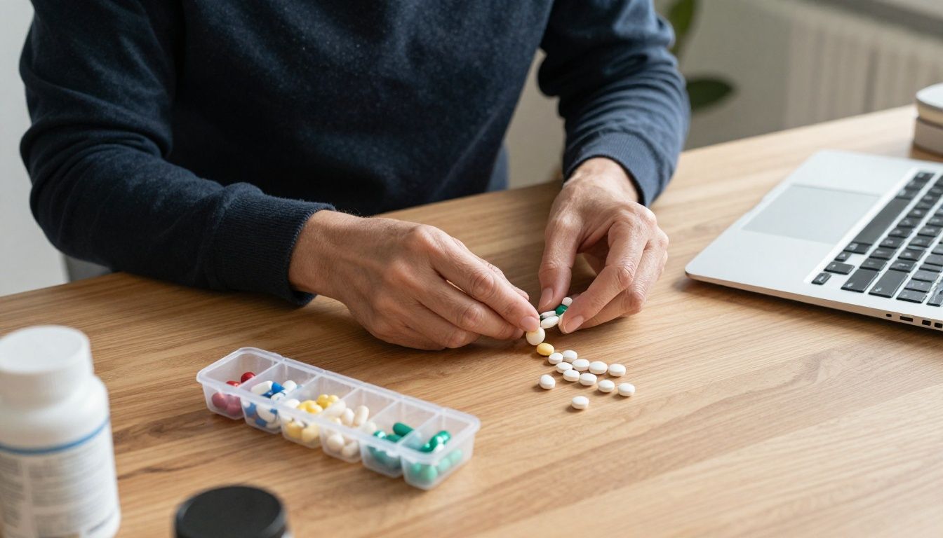 A focused individual in their 40s meticulously organizing a week's worth of supplements and medications into a pill container on a minimalist wooden desk, with morning light streaming in.
