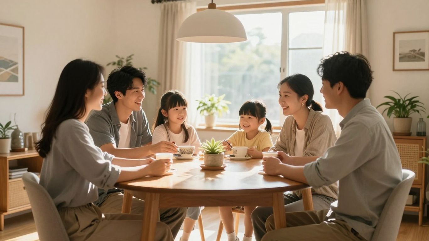 Familia feliz en una sala de estar luminosa.