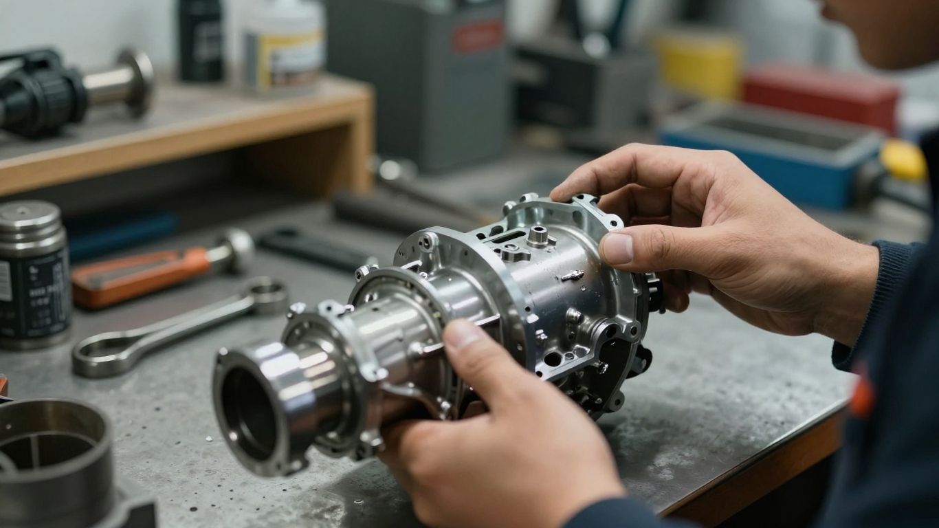 Mechanic inspecting a car transmission in a workshop.