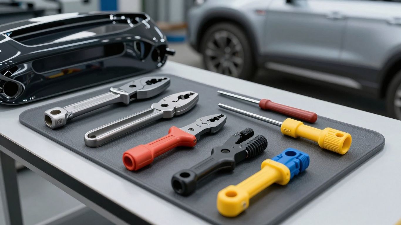 Tools and automotive wiring connectors spread out